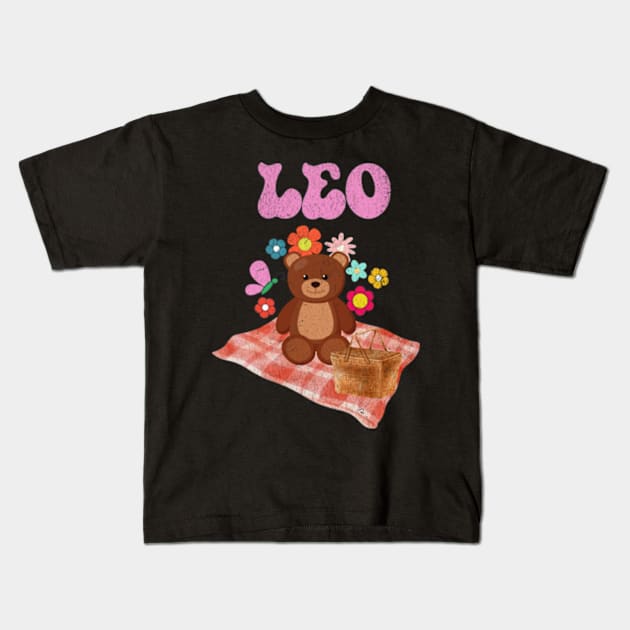 Vintage Leo Teddy Bear Zodiac Sign Astrology Cute July August Kids T-Shirt by Lavender Celeste